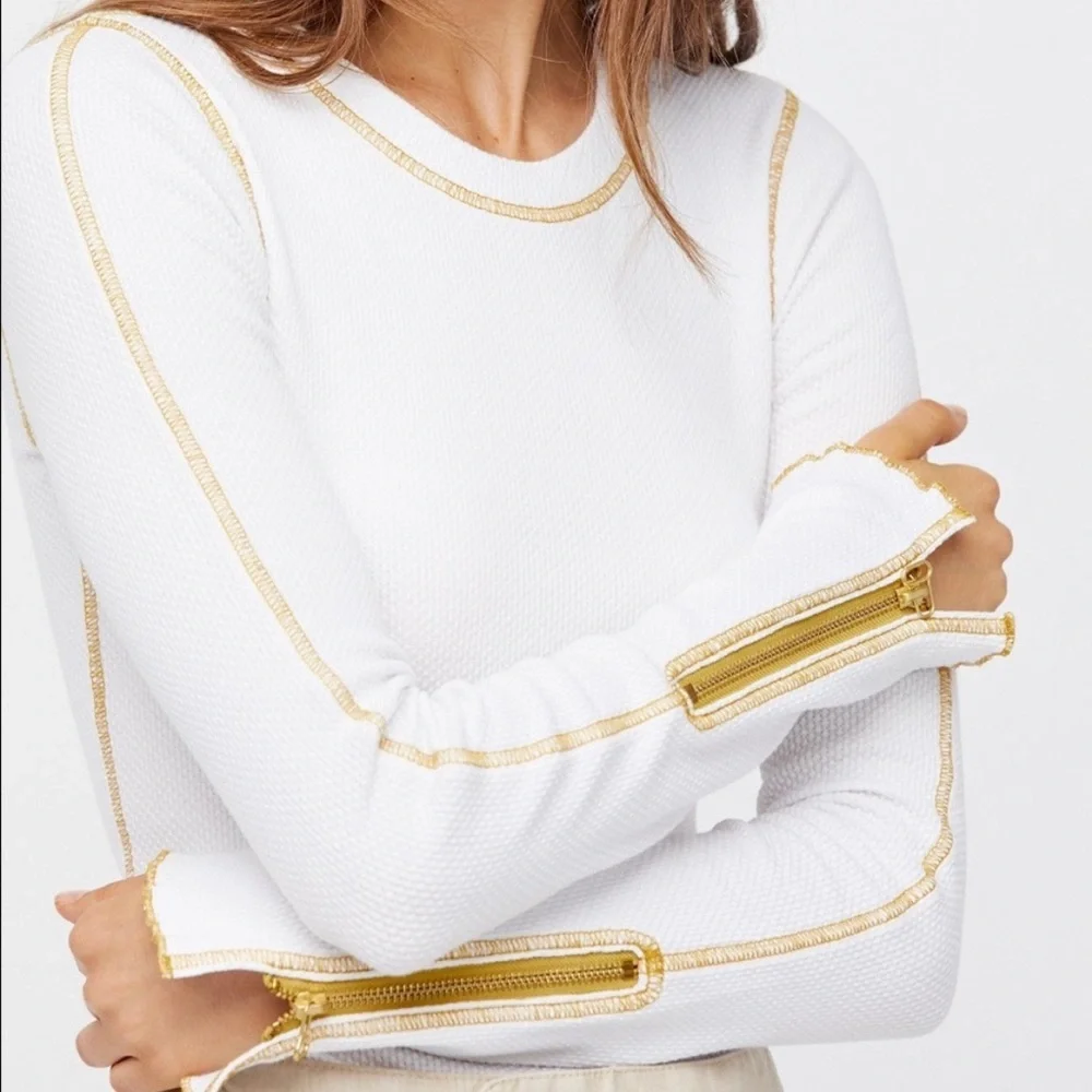 White and Gold Free People Thermal Zipper Cuff Long Sleeve Top Size M